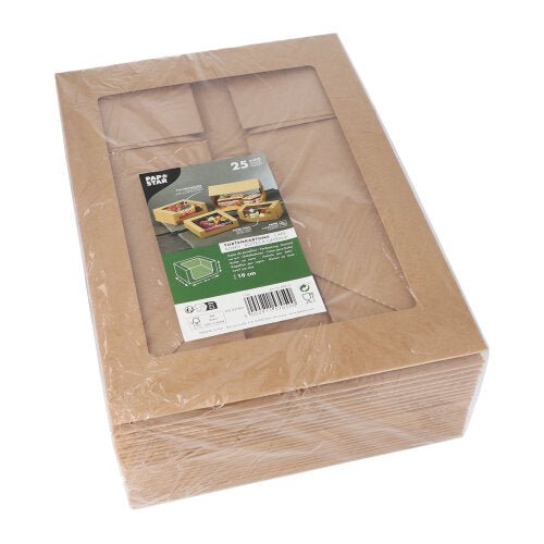 A package of 25 PAPSTAR cake boxes with a square lid with a PLA viewing window from PAPSTAR GmbH, wrapped in plastic film and labeled with a green-white sticker featuring images of the assembled boxes.