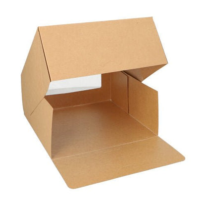 A PAPSTAR 25 cake boxes with a square lid with a PLA viewing window from PAPSTAR GmbH, shown open to display its interior and structure against a white background.