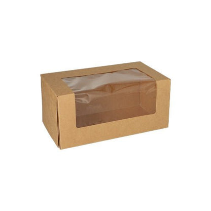 The PAPSTAR GmbH PAPSTAR 25 cake boxes with a square lid with a PLA viewing window, rectangular and brown with a transparent PLA window on top and front, photographed against a white background.