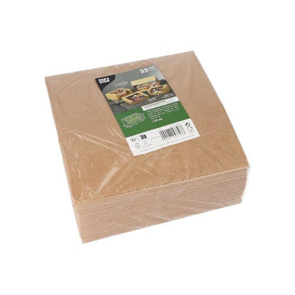 A stack of brown paper napkins in a transparent plastic sleeve with a green-white label from PAPSTAR GmbH, featuring images of food containers and information about the “PAPSTAR 25 cake boxes with a square lid with a PLA viewing window”.