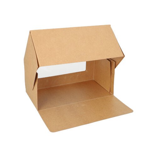 A PAPSTAR GmbH cake box: brown, square, with a lid and PLA viewing window, made of cardboard. Package contains 25 pieces. The box is depicted on a white background with an open lid.