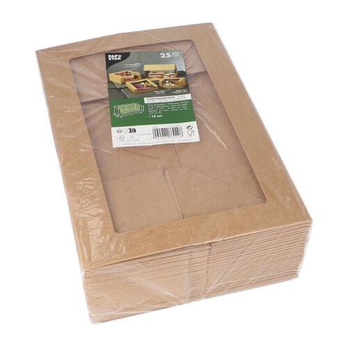 The PAPSTAR GmbH offers 25 rectangular cake boxes with lids and PLA window, environmentally friendly, packed together and shrink-wrapped in foil. On top of the package is a green-white product label.