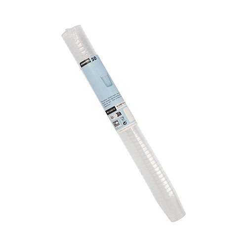 A roll of 50 Starpak reusable schnapps glasses made of unbreakable polypropylene (PP) is provided in transparent packaging with a label, brand name, and a small illustration of a glass.