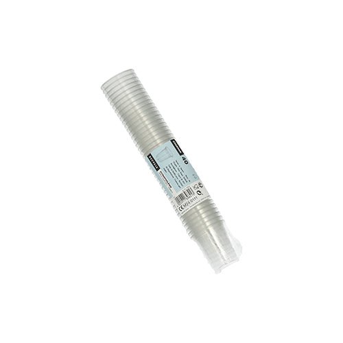 The Starpak 40 Glasses for Schnapps made of crystal-clear PS are stacked individually as schnapps glasses in a vertical row, wrapped in foil, and provided with a blue-white Starpak label with product information.
