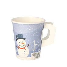 The PAPSTAR mug with handle (Ø 8 cm, cardboard, "Snowman" film, 50 pieces) from PAPSTAR GmbH has a flat, white cardboard handle and a delightful snowman motif with a snowy background.