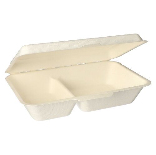 A white, rectangular PAPSTAR menu box made of sugarcane with two compartments and a flip lid from the brand PAPSTAR GmbH, offered as "25 menu boxes, sugarcane pure", shown open and empty against a white background.