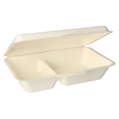 A white, rectangular PAPSTAR menu box made of sugarcane with two compartments and a flip lid from the brand PAPSTAR GmbH, offered as "25 menu boxes, sugarcane pure", shown open and empty against a white background.