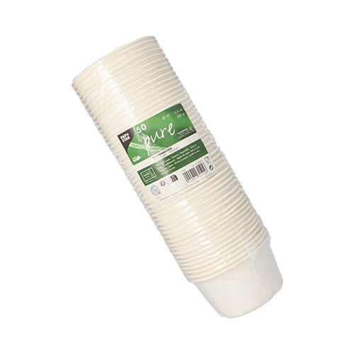 A stack of 50 white PAPSTAR "pure" soup cups made of sugarcane, biodegradable, is packaged in a plastic wrap with a green and white label with the inscription "PAPSTAR GmbH" and product details.
