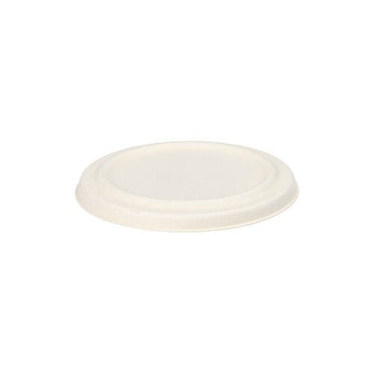 A round, white lid made of sugarcane by PAPSTAR GmbH, suitable for soup cups. Product name: PAPSTAR 50 lid for soup cups, sugarcane "pure" white.