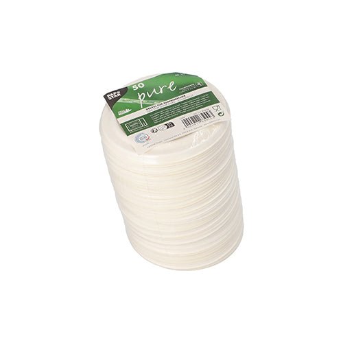 A stack of 50 white "pure" sugarcane lids for soup cups from PAPSTAR GmbH, wrapped in foil with product details and recycling symbols.