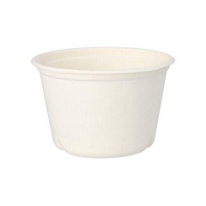 The PAPSTAR 50 soup cups made of sugarcane "pure" white from PAPSTAR GmbH is a small, simple, white soup cup with a slightly flared rim, photographed against a white background.