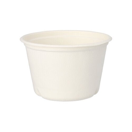 The PAPSTAR 50 soup cups made of sugarcane "pure" white from PAPSTAR GmbH is a small, simple, white soup cup with a slightly flared rim, photographed against a white background.