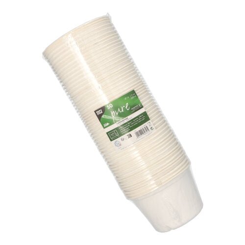 A stack of 50 white, biodegradable PAPSTAR soup cups "pure" made of sugarcane from PAPSTAR GmbH, packaged in plastic with a green label for product information.
