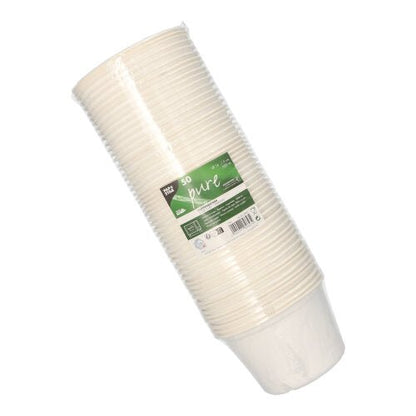 A stack of 50 white, biodegradable PAPSTAR soup cups "pure" made of sugarcane from PAPSTAR GmbH, packaged in plastic with a green label for product information.