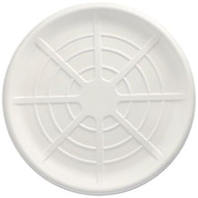 The PAPSTAR 25 serving platters, sugarcane “pure” round from the PAPSTAR GmbH are round, white serving platters with raised concentric circles and geometric lines; environmentally friendly and ideal for sustainable serving.