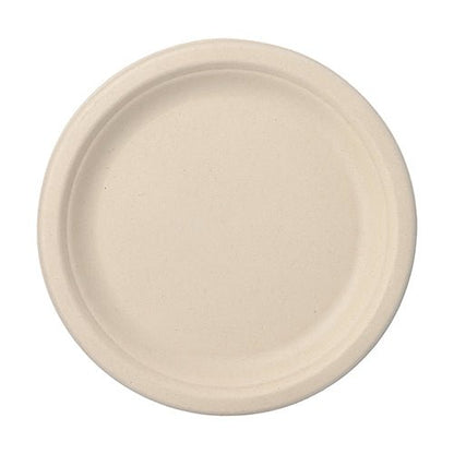 The PAPSTAR 50 sugarcane "pure" plates from PAPSTAR GmbH is a simple, round beige plate with a slightly raised edge, shown from above on a white background.