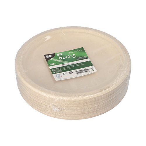 A package of 50 round, beige PAPSTAR sugarcane "pure" plates from PAPSTAR GmbH, packed in clear plastic with a green-white label - the perfect eco-friendly disposable plate for sustainable gatherings.