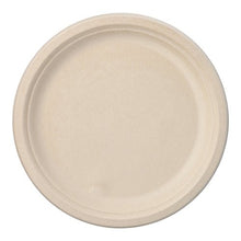A simple, round PAPSTAR 50 sugarcane "pure" plates from PAPSTAR GmbH, made from compostable material. It is beige with a slightly raised edge, undecorated, and depicted from above on a white background.