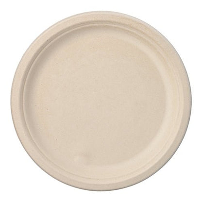 A simple, round PAPSTAR 50 sugarcane "pure" plates from PAPSTAR GmbH, made from compostable material. It is beige with a slightly raised edge, undecorated, and depicted from above on a white background.