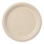 A simple, round PAPSTAR 50 sugarcane "pure" plates from PAPSTAR GmbH, made from compostable material. It is beige with a slightly raised edge, undecorated, and depicted from above on a white background.