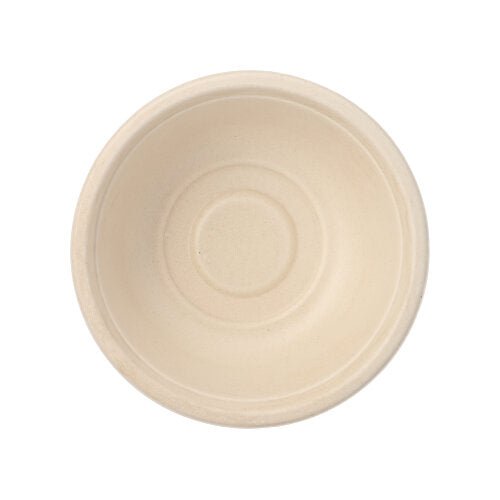 Top view of an empty, round, beige PAPSTAR 12 bowls, sugarcane "pure" bowl by PAPSTAR GmbH, made from eco-friendly sugarcane with a slightly raised edge and circular patterns inside.