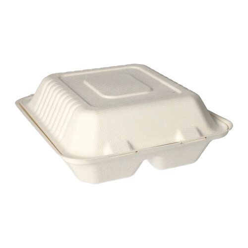 A closed, rectangular PAPSTAR menu box made of sustainable sugarcane "pure" in white from PAPSTAR GmbH with a textured surface is photographed against a white background.