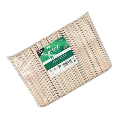 250 pieces PAPSTAR wooden knife "pure", 16.5 cm, environmentally friendly and stable from PAPSTAR GmbH, with a green-white label with product information and barcode on the front.