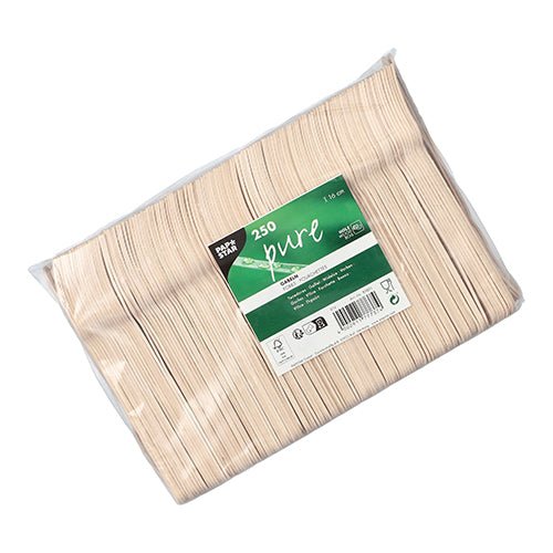 A clear plastic package contains 250 PAPSTAR wooden forks "pure" 16 cm - environmentally friendly, stable wooden forks. The green-white label shows brand and product information, barcodes, and certification symbols of the PAPSTAR GmbH.
