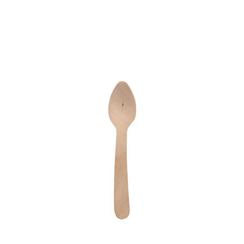A single PAPSTAR coffee spoon wood "pure", 11 cm, environmentally friendly and stable from PAPSTAR GmbH, lies on a plain white background. The biodegradable spoon has a simple design with a round handle and flat bowl.