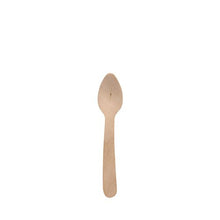 A single PAPSTAR coffee spoon wood "pure", 11 cm, environmentally friendly and stable from PAPSTAR GmbH, lies on a plain white background. The biodegradable spoon has a simple design with a round handle and flat bowl.