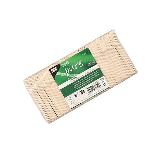 A pack of 250 PAPSTAR GmbH ice cream spoons wood "pure", 9.4 cm, environmentally friendly and stable, comes in green-white foil packaging and is depicted on a white background.
