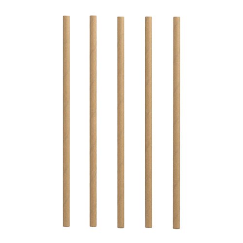 Five straight, light brown PAPSTAR 100 shake straws made of paper (Ø 8 mm) from PAPSTAR GmbH are arranged vertically and sustainably on a white background.