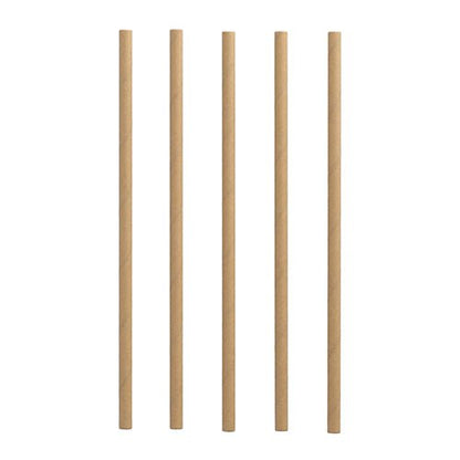 Five straight, light brown PAPSTAR 100 shake straws made of paper (Ø 8 mm) from PAPSTAR GmbH are arranged vertically and sustainably on a white background.