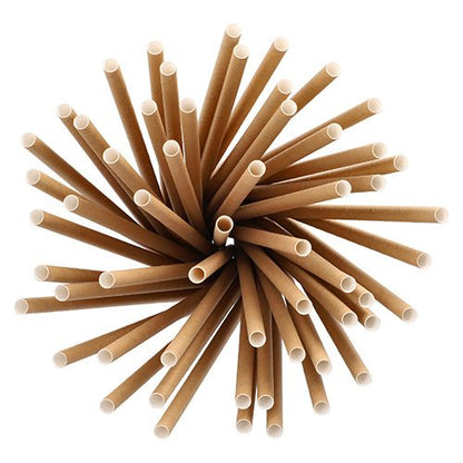 A collection of PAPSTAR 100 shake straws, paper Ø 8 mm from PAPSTAR GmbH in a circular, radial arrangement and viewed from above, with the open ends facing the viewer.
