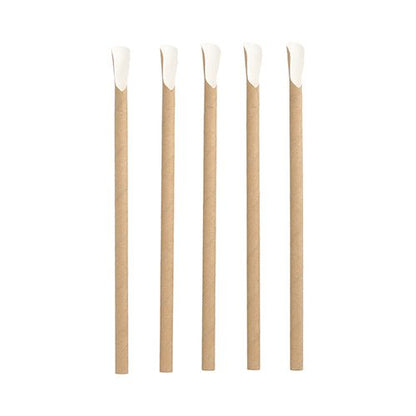 Five brown PAPSTAR 100 straws with spoons, paper straws with white angled tips are lined up straight on a white background.
