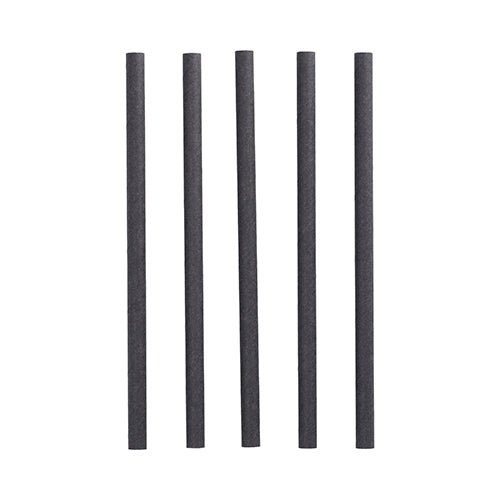 Five black cylindrical PAPSTAR 100 shake straws paper Ø 10 mm · 21 cm from PAPSTAR GmbH stand upright in a row against a white background - ideal for environmentally conscious hosts.