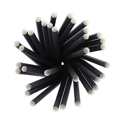 A top view of the circularly arranged PAPSTAR 100 shake straws paper Ø 10 mm · 21 cm from PAPSTAR GmbH - biodegradable black paper drinking straws with a white interior, ideal for environmentally conscious hosts and sustainable shake enjoyment.