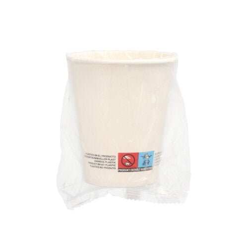 A set of 25 white Starpak paper cups (0.2 l, Ø 8 cm, 9.2 cm), each individually wrapped in clear plastic with visible warning notices - an eco-friendly alternative to disposable cups.