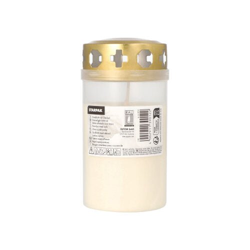 The Starpak grave light with gold lid Ø 6.4 cm · 12.5 cm with cover is a white grave candle in a translucent container with cross-shaped cutouts in the golden lid, labeled with product information - ideal for use in the cemetery.