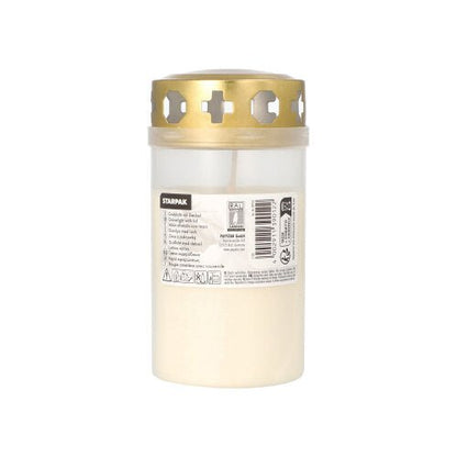 The Starpak grave light with gold lid Ø 6.4 cm · 12.5 cm with cover is a white grave candle in a translucent container with cross-shaped cutouts in the golden lid, labeled with product information - ideal for use in the cemetery.