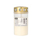 The Starpak grave light with gold lid Ø 6.4 cm · 12.5 cm with cover is a white grave candle in a translucent container with cross-shaped cutouts in the golden lid, labeled with product information - ideal for use in the cemetery.