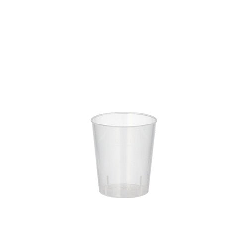 A Starpak 2 cl reusable glass for schnapps made of unbreakable plastic is cylindrical, transparent, and stands without decoration in the center on a white background.