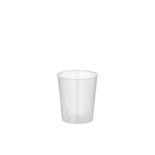 A Starpak 2 cl reusable glass for schnapps made of unbreakable plastic is cylindrical, transparent, and stands without decoration in the center on a white background.