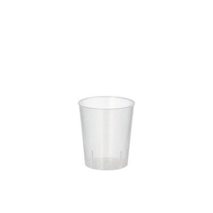 A Starpak 2 cl reusable glass for schnapps made of unbreakable plastic is cylindrical, transparent, and stands without decoration in the center on a white background.