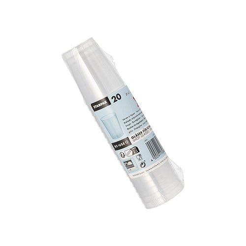 A pack of 20 Starpak unbreakable reusable shot glasses (PP, 4 cl, Ø4.3x5.2 cm) in transparent foil with label including product information and recycling symbols.