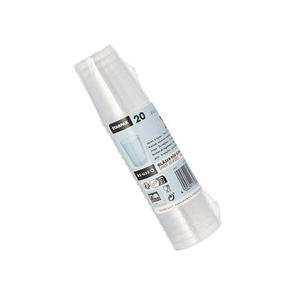 A pack of 20 Starpak unbreakable reusable shot glasses (PP, 4 cl, Ø4.3x5.2 cm) in transparent foil with label including product information and recycling symbols.