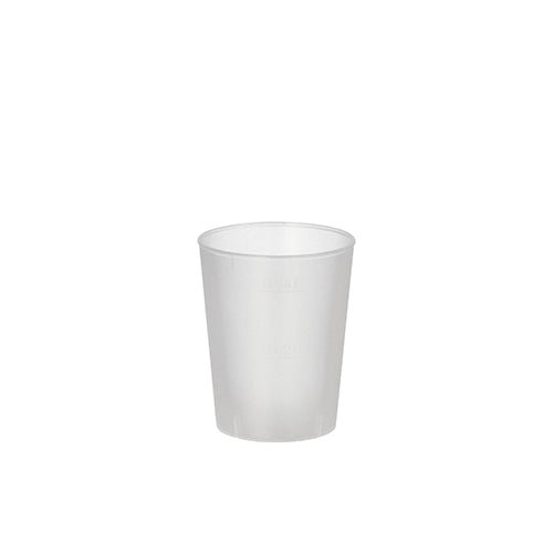 A Starpak reusable glass for schnapps (4 cl, Ø 4.3 cm, 5.2 cm high), frosted and unbreakable, lies against a white background. Package contains 20 pieces.