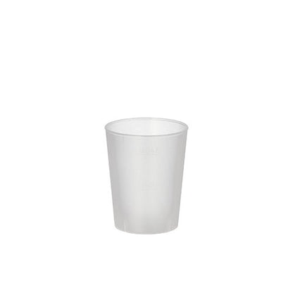A Starpak reusable glass for schnapps (4 cl, Ø 4.3 cm, 5.2 cm high), frosted and unbreakable, lies against a white background. Package contains 20 pieces.
