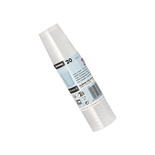 A rolled stack of 20 clear, frosted Starpak reusable glasses for schnapps (4 cl, Ø 4.3 x 5.2 cm) is delivered in plastic wrap with a blue-white label and barcode. Unbreakable and ideal for parties or gatherings.