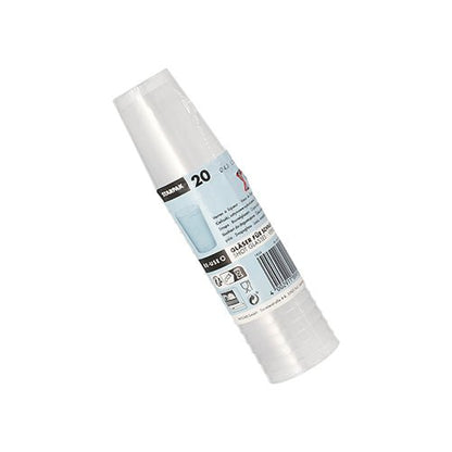 A rolled stack of 20 clear, frosted Starpak reusable glasses for schnapps (4 cl, Ø 4.3 x 5.2 cm) is delivered in plastic wrap with a blue-white label and barcode. Unbreakable and ideal for parties or gatherings.